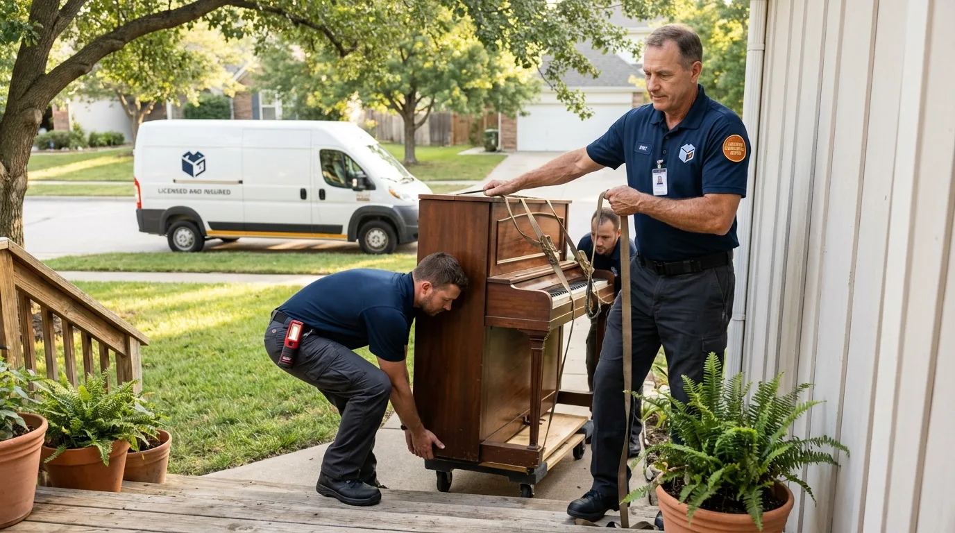Licensed piano movers securing grand piano in North Webster, IN