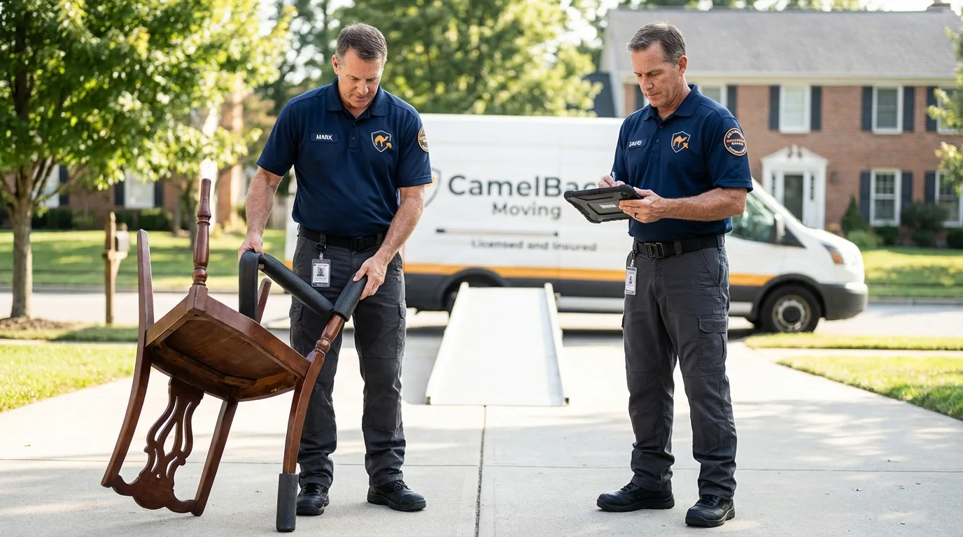 Movers inspecting furniture for damage prevention before loading in North Webster, IN