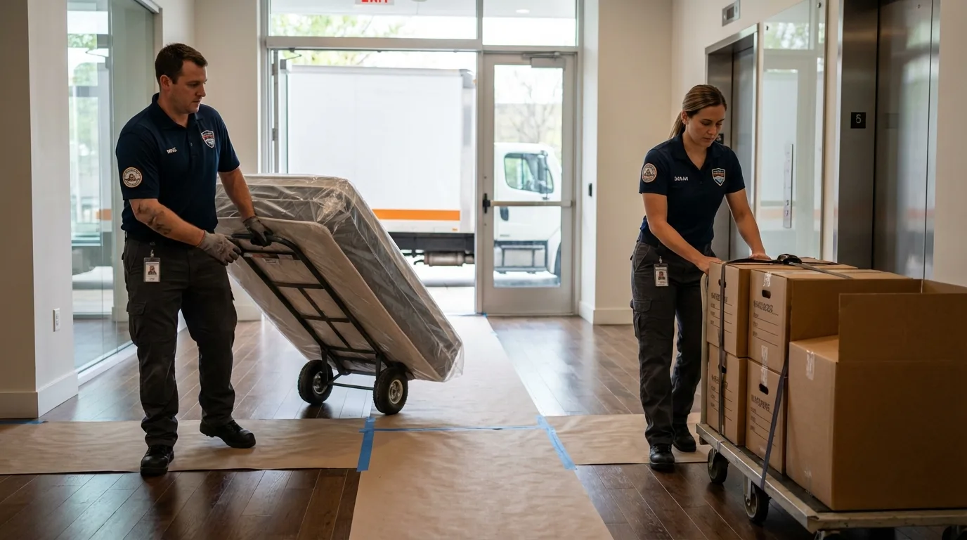 Professional apartment movers loading elevator in North Webster, IN