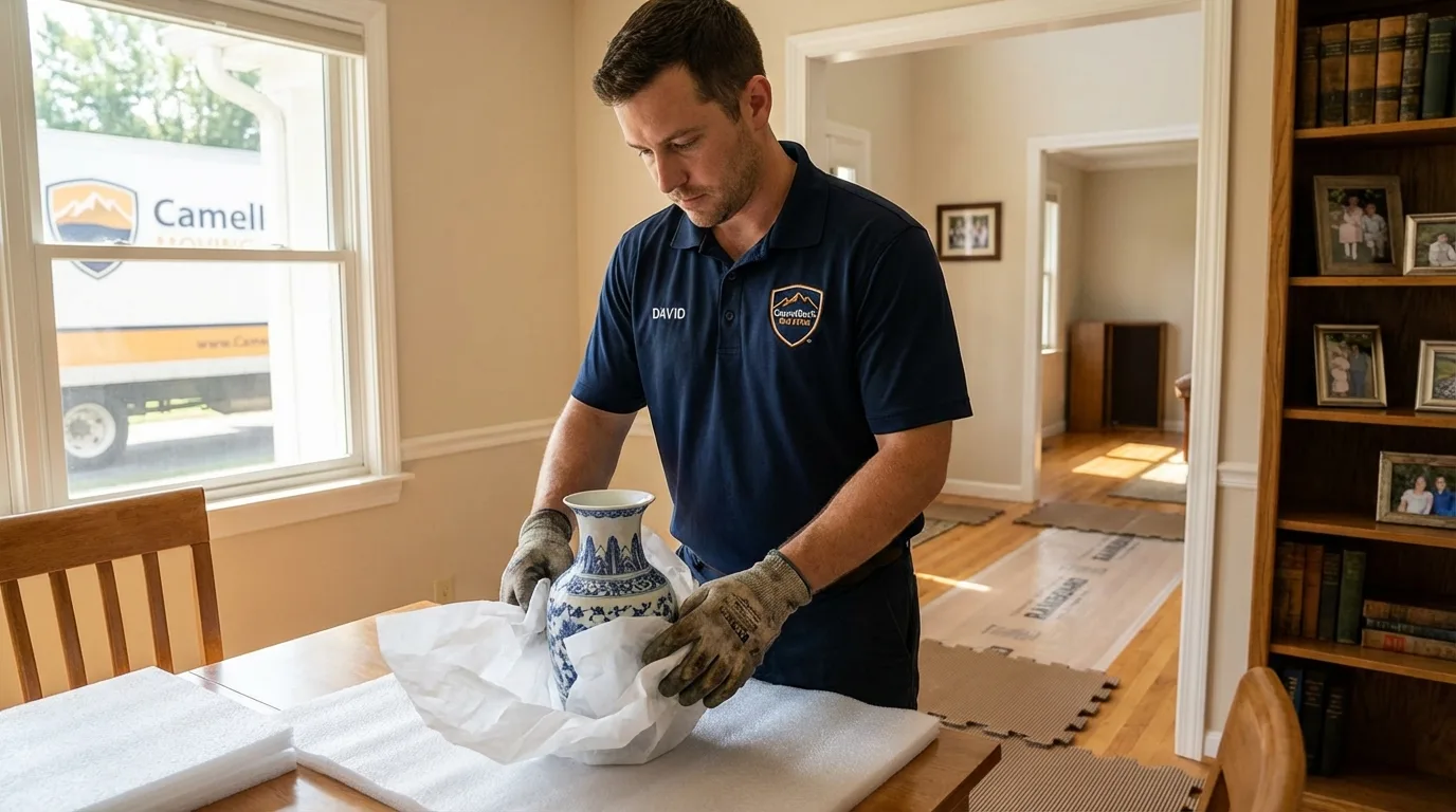Professional crew carefully wrapping antique vase for senior downsizing move in North Webster, IN